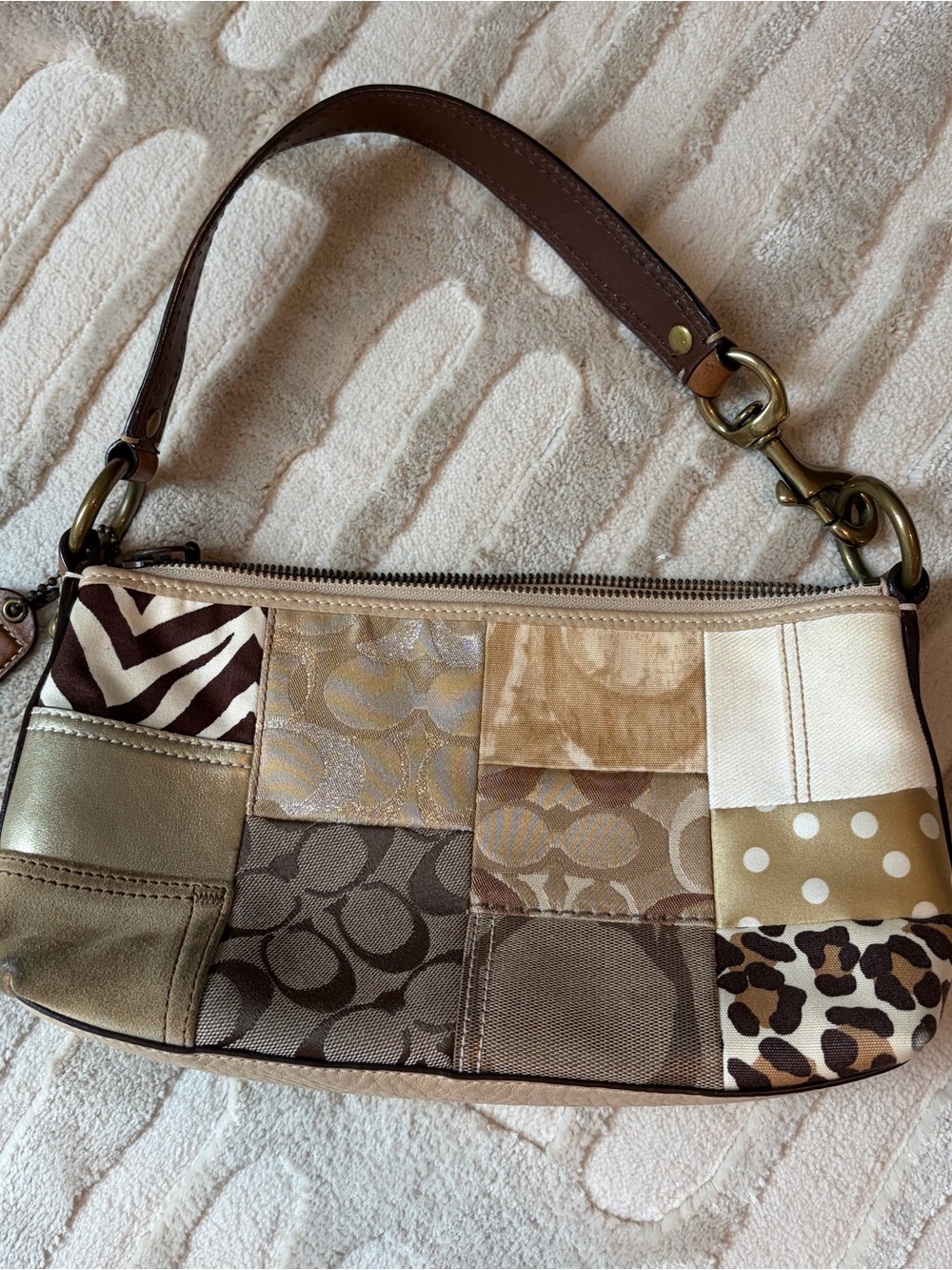 Vintage Coach Patchwork Shoulder Bag in Beige, Brown, Gold colors